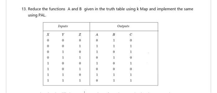 13. Reduce the functions ( A ) and ( B ) given in the truth table using ( mathrm{k} ) Map and implement the same using