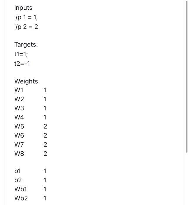 ( mathrm{i} / mathrm{p} 1=1 ), ( mathrm{i} / mathrm{p} 2=2 ) Targets: ( +1=1 ); t2 ( =-1 )