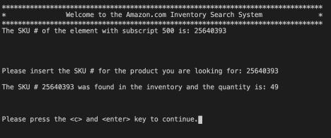 ***** *Welcome to the Amazon.com Inventory Search System ***** ************************************************** The SKU #