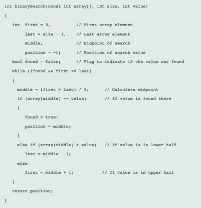 int binarySearch(const int array[], int size, int value) {int first -0. // Pirst array element last - size - 1, // Last arra