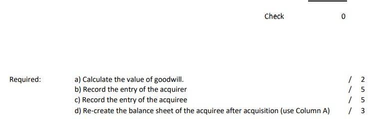 Check 0Required: a) Calculate the value of goodwill. b) Record the entry of the acquirer c) Record the entry of the acquiree