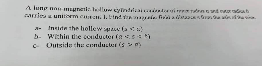 A long non-magnetic hollow cylindrical conductor of inner radius ( a ) and outer radius b carries a uniform current I. Find