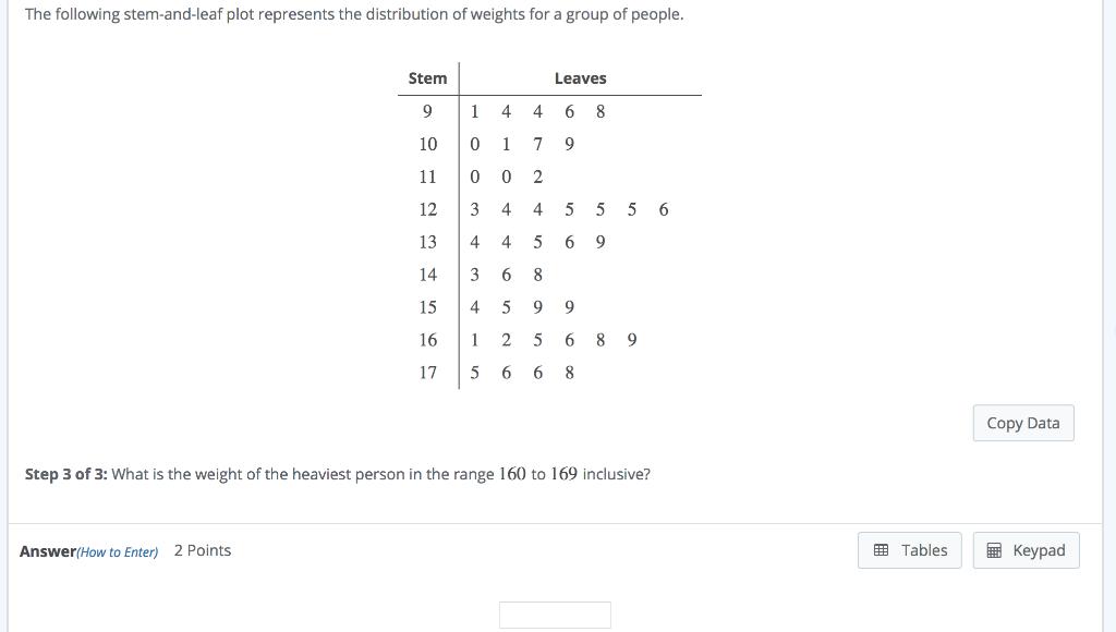 The following stem-and-leaf plot represents the distribution of weights for a group of people. Stem Leaves 94 46 810 01 7