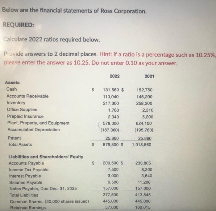 Below are the financial statements of Ross Corporation. REQUIRED: Calculate 2022 ratios required below. Provide answers to 2