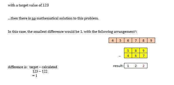 with a target value of 123 ...then there is no mathematical solution to this problem. In this case, the