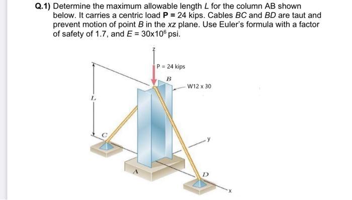 2.1) Determine the maximum allowable length ( L ) for the column AB shown below. It carries a centric load ( mathbf{P}=24