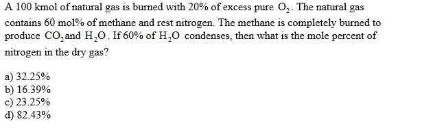 A 100 kmol of natural gas is burned with 20% of excess pure 02. The natural gas contains 60 mol% of methane and rest nitrogen