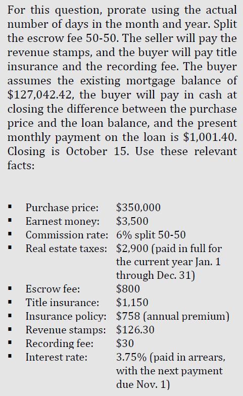 For this question, prorate using the actual number of days in the month and year. Split the escrow fee 50-50. The seller will