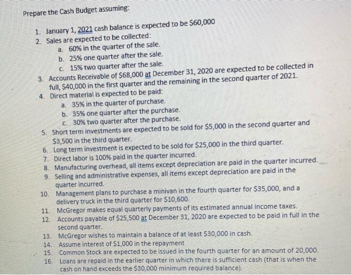 Prepare the Cash Budget assuming: 1. January 1, 2021 cash balance is expected to be $60,000 2. Sales are expected to be colle