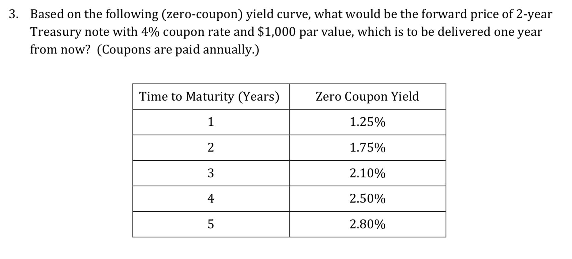 3. Based on the following (zero-coupon) yield curve, what would be the forward price of 2-year Treasury note with 4% coupon r