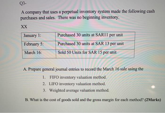 Q3- A company that uses a perpetual inventory system made the following cash purchases and sales. There was no beginning inve