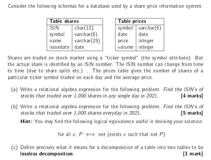 Consider the following schemas for a database used by a share price information system. Shares are traded on stock market usi