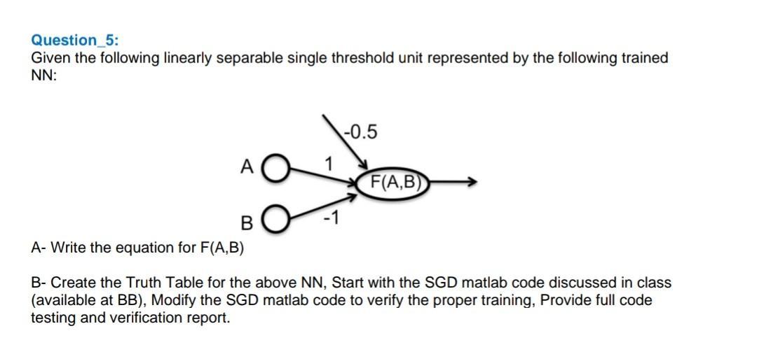 Question 5: Given the following linearly separable single threshold unit represented by