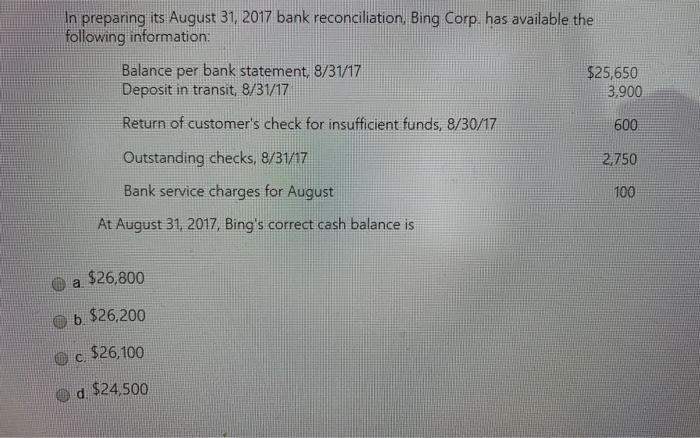 In preparing its August 31, 2017 bank reconciliation, Bing Corp. has available the following information: Balance per bank st