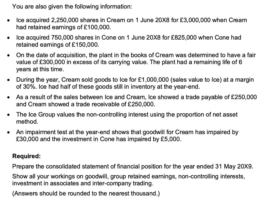 You are also given the following information: - Ice acquired 2,250,000 shares in Cream on 1 June ( 20 times 8 ) for ( £ 3