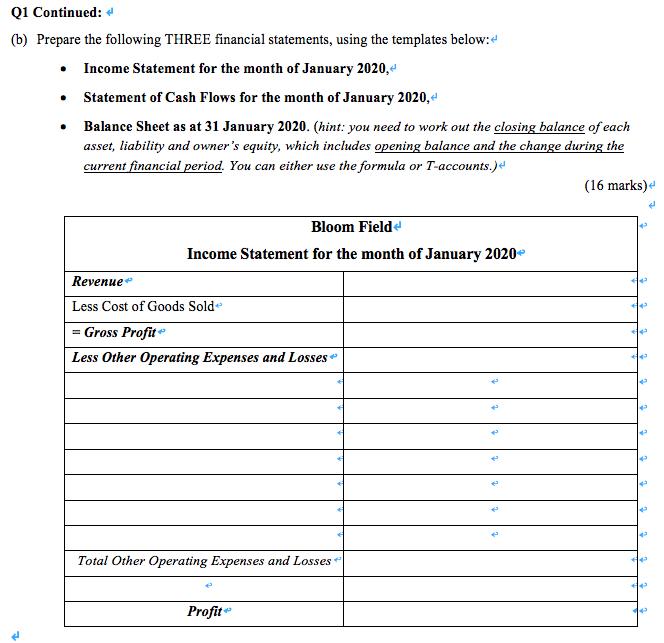 Q1 Continued: (b) Prepare the following THREE financial statements, using the templates below: • Income Statement for the mon