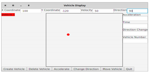 Vehicle Display rection 90 Y Coordinate -120 Velocity 50 x Coordinate 100 Acceleration ime Direction Change Vehicle Number Create Vehicle Delete Vehicle Accelerate Change Direction Move Vehicle Quit