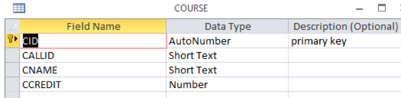COURSE Field Name Description (Optional) primary key Data Type CALLID CNAME CCREDIT AutoNumber Short Text Short Text Number