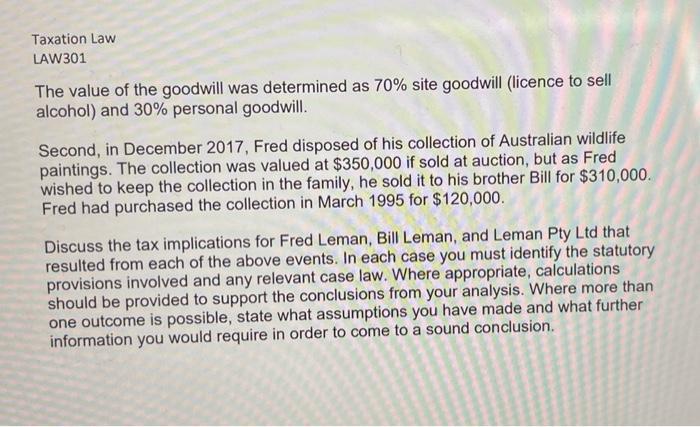 Taxation Law LAW301 The value of the goodwill was determined as 70% site goodwill (licence to sell alcohol)