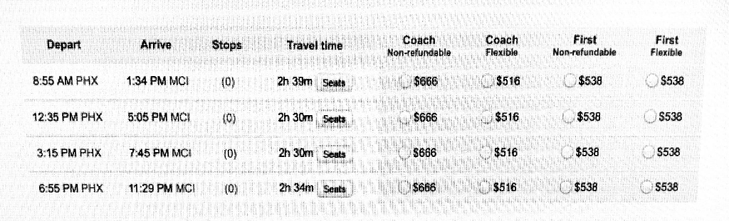 Coach Non-refundable Coach Flexible First Non-refundable First Flexible Depart Arrive Stops Travel time $51 $538 $538 $538 $538 8:55 AM PHX 2h 39m Seats $666 1:34 PM MCI(0) 5:05 PM MCI0) 7:45 PM MCI $538 2h 30m Seats $666 $516 5538 12:35 PM PHX 3:15 PM PHX (0) 2h 30m Seats $666 $516 S538 6-55 PMPHX 11.29 PM MCI 02h34mSen616O 6:55 PM PHX 11:29 PM MCI(0) $516 S538
