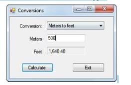 Conversions Convension: Matersto feet Meters 50 Feet 1,640 40 Caloulate Ect