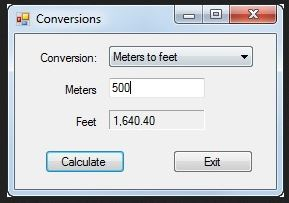 Conversions Conversion: Meters to feet Meters 500 Feet 1.640.40 Calculate Exit