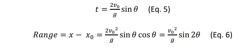 2vo t = sin e g (Eq. 5) 2v02 sin 0 cos e sin 20 g (Eq. 6) Range = 3D ? ? ?? ? g