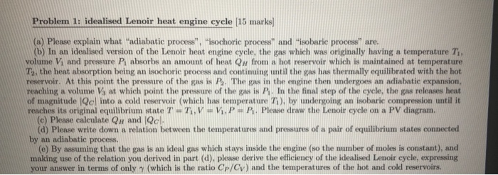 Problem 1: idealised Lenoir heat engine cycle (15 marks) (a) Please explain what adiabatic process,isochoric process and