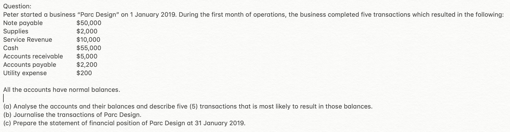 Question: Peter started a business Parc Design on 1 January 2019. During the first month of operations, the business comple