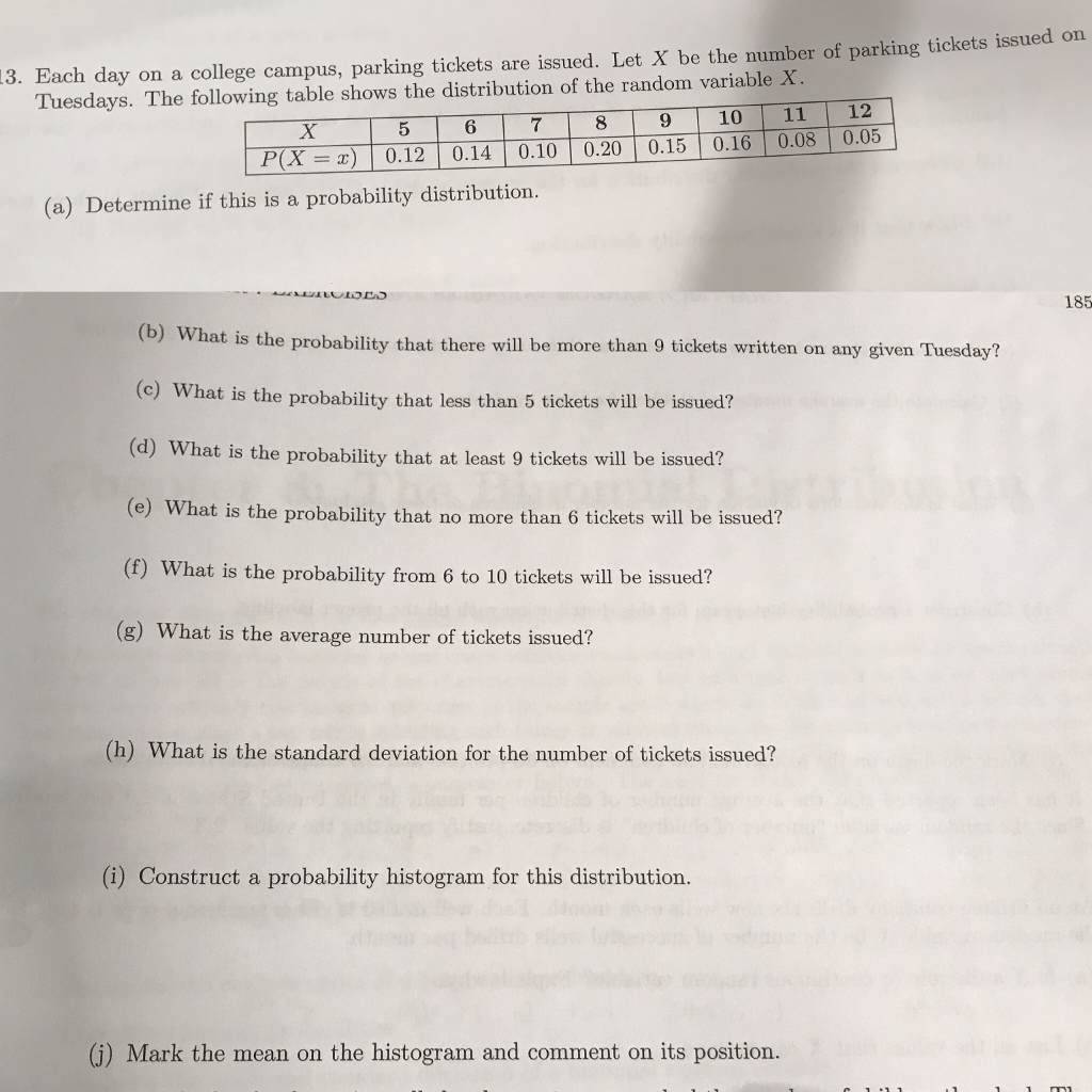 3. Each day on a college campus, parking tickets are issued. Let X be the number of parking tickets issued on Tuesdays. The following table shows the distribution of the random variable X X5 678 9 10 11 12 PX0.12 0.14 0.10 0.20 0.15 0.16 0.08 0.05 (a) Determine if this is a probability distribution. 185 (b) W (c) What is the probability that less than 5 tickets will be issued? (d) What is the probability that at least 9 tickets will be issued? (e) What is the probability that no more than 6 tickets will be issued? (f) What is the probability from 6 to 10 tickets will be issued? hat is the probability that there will be more than 9 tickets written on any given Tuesday? (g) What is the average number of tickets issued? (h) What is the standard deviation for the number of tickets issued? (i) Construct a probability histogram for this distribution. (i) Mark the mean on the histogram and comment on its position.