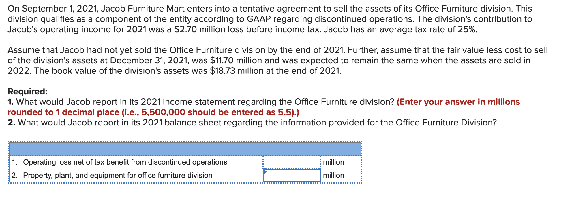 On September 1, 2021, Jacob Furniture Mart enters into a tentative agreement to sell the assets of its Office Furniture divis