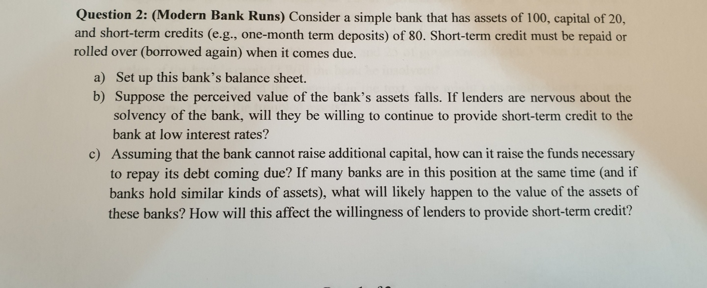 Question 2: (Modern Bank Runs) Consider a simple bank that has assets of 100, capital of 20, and short-term credits (e.g., on