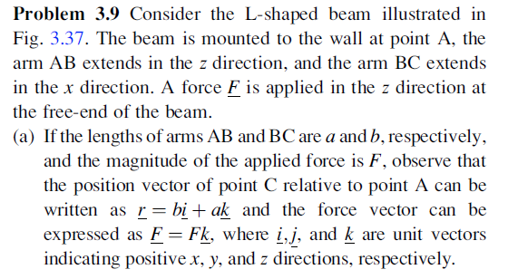 Problem 3.9 Consider the L-shaped beam illustrated in Fig. 3.37. The beam is mounted to the wall at point A, the am AB extend