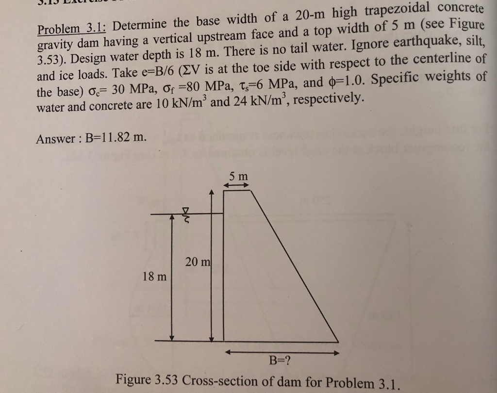 Problem 3.1: Determine the base width of a 20-m high trapezoidal concrete gravity dam having a vertical upstream face and a t