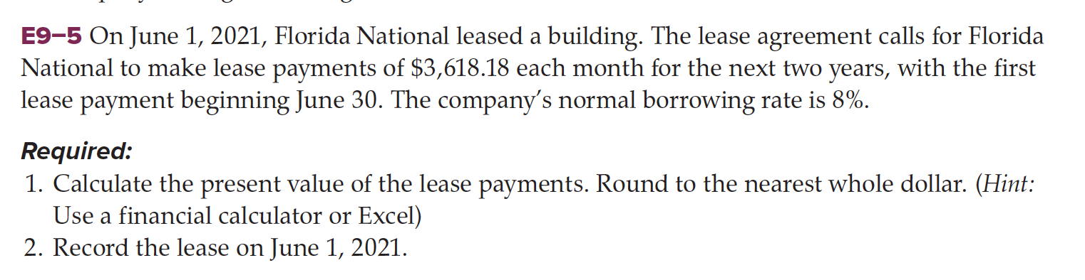 E9-5 On June 1, 2021, Florida National leased a building. The lease agreement calls for Florida National to make lease paymen