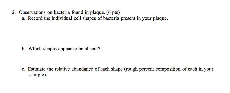 2. Observations on bacteria found in plaque. (6 pts) a. Record the individual cell shapes of bacteria present in your plaque. b. Which shapes appear to be absent? c. Estimate the relative abundance of each shape (rough percent composition of each in your sample)