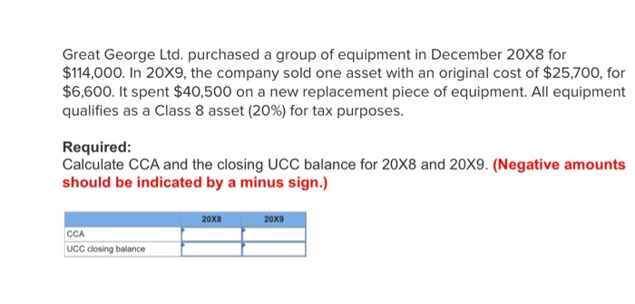 Great George Ltd. purchased a group of equipment in December 20X8 for $114,000. In 20X9, the company sold one asset with an o