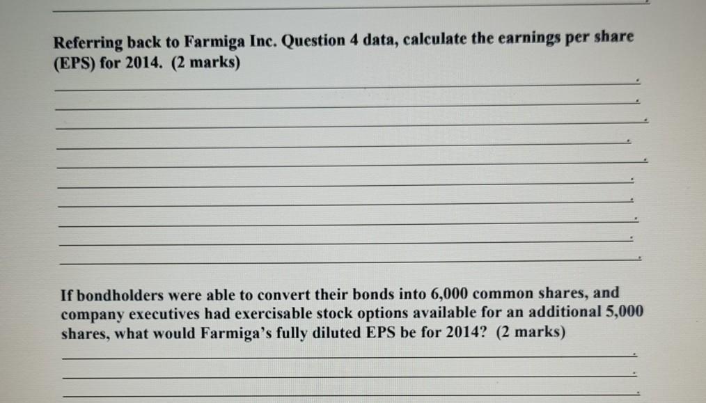 Referring back to Farmiga Inc. Question 4 data, calculate the earnings per share (EPS) for 2014. (2 marks) If bondholders wer