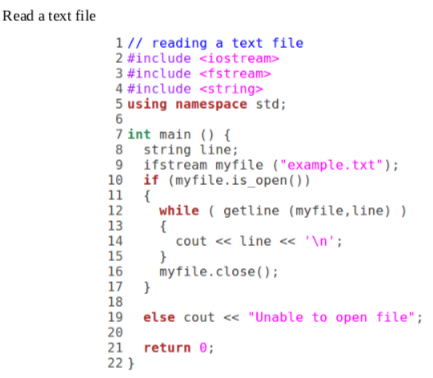 Read a text file 1// reading a text file 2#include ?iostream? 3#include fstream 4#include string 5 using namespace std; 7