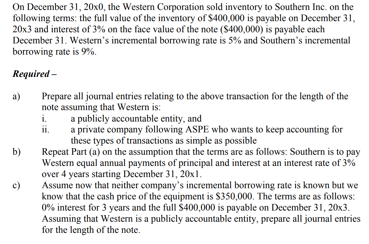 On December 31, 20x0, the Western Corporation sold inventory to Southern Inc. on the following terms: the full value of the i