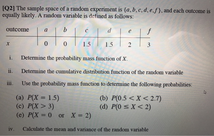 UQ2] The sample space of a random experiment is (a, b, c, d, e,f), and each outcome is equally likely. A random variable is defined as follows: outcome a b c d e f o l o 1.5 l 1.5 2 3 i. Determine the probability mass function of X ii. Determine the cumulative distribution function of the random variable iii. Use the probability mass function to determine the following probabilities: (a) P(X 1.5) (b) P(0.5 X 2.7) (c) P(X 3) (d) P(0 X 2) (e) P(X 0 or X 2) iv. Calculate the mean and variance of the random variable