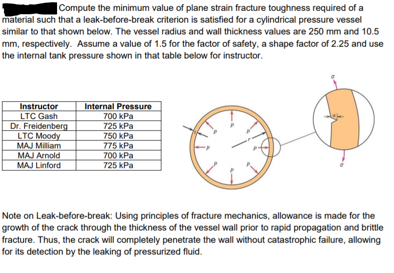 Compute the minimum value of plane strain fracture toughness required of a material such that a leak-before-break criterion is satisfied for a cylindrical pressure vessel similar to that shown below. The vessel radius and wall thickness values are 250 mm and 10.5 mm, respectively. Assume a value of 1.5 for the factor of safety, a shape factor of 2.25 and use the internal tank pressure shown in that table below for instructor. Instructor LTC Gash Dr. Freidenber LTC Mood MAJ Milliam MAJ Arnold MAJ Linford Internal Pressure 700 kPa 725 kPa 750 kPa 775 kPa 700 kPa 725 kPa Note on Leak-before-break: Using principles of fracture mechanics, allowance is made for the growth of the crack through the thickness of the vessel wall prior to rapid propagation and brittle fracture. Thus, the crack will completely penetrate the wall without catastrophic failure, allowing for its detection by the leaking of pressurized fluid