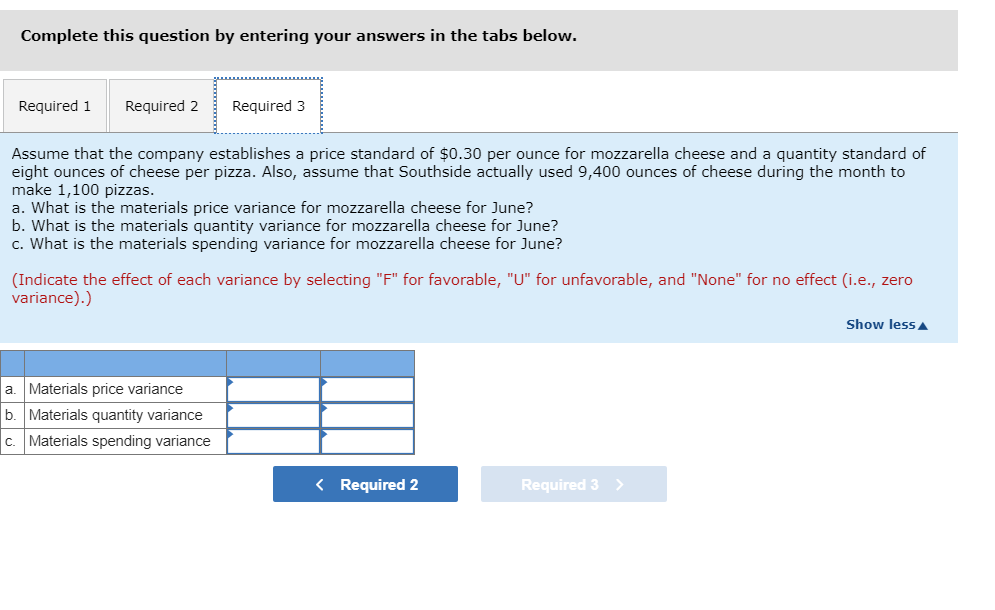 Complete this question by entering your answers in the tabs below. Required 1 Required 2Required 3 Assume that the company establishes a price standard of $0.30 per ounce for mozzarella cheese and a quantity standard of eight ounces of cheese per pizza. Also, assume that Southside actually used 9,400 ounces of cheese during the month to make 1,100 pizzas. a. What is the materials price variance for mozzarella cheese for June? b. What is the materials quantity variance for mozzarella cheese for June? c. What is the materials spending variance for mozzarella cheese for June? (indicate the effect of each variance by selecting F for favorable, U for unfavorable, and None for no effect (i.e., zero variance).) Show less a. Materials price variance b. Materials quantity variance c. | Materials spending variance Required 2 Required 3