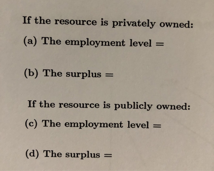 If the resource is privately owned: (a) The employment level- (b) The surplus- If the resource is publicly owned: (c) The emp