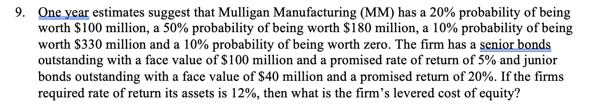 One year estimates suggest that Mulligan Manufacturing (MM) has a 20% probability of being worth $100 million, a 50% probabil