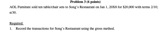Problem 3 (6 points) AOL Fumiture sold ten table/chair sets to Songs Restaurant on Jan 1, 20X8 for $20,000 with terms 2/10;