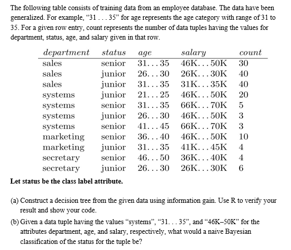 The following table consists of training data from an employee database. The data have been generalized. For example, 31.. . 35 for age represents the age category with range of 31 to 35. For a given row entry, count represents the number of data tuples having the values for department, status, age, and salary given in that row department statusage sales sales sales systems systems systems systems marketing senior 36...40 46K.. .50K 10 salary count senior 31...35 46K...50K 30 junior 26...30 26K... 30K 40 junior 31...35 31K...35K 40 junior 21... 25 46K..50K 20 senior 31...35 66K... 70K 5 junior 26...30 46K...50K 3 senior 41...45 66K... 70K 3 junior 31... 35 41K...45K 4 secretary senior 46...50 36K... 40K 4 secretary junior 26...30 26K... 30K 6 Let status be the class label attribute. (a) Construct a decision tree from the given data using information gain. Use R to verify your result and show your code. (b) Given a data tuple having the values systems, 31...35, and 46K-50K for the attributes department, age, and salary, respectively, what would a naive Bayesian classification of the status for the tuple be?