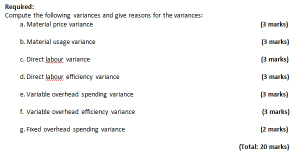 Required: Compute the following variances and give reasons for the variances: a. Material price variance (3 marks) b. Materia