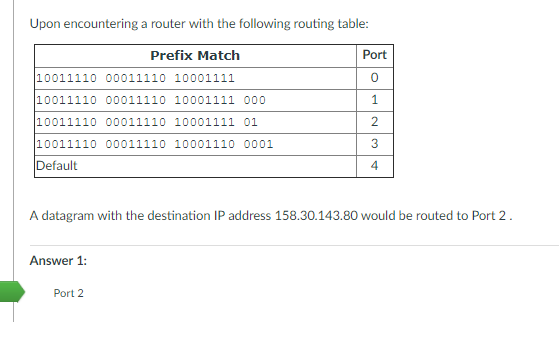 Upon encountering a router with the fllowing routing table Prefix Match Port 0 10011110 00011110 10001111 10011110 00011110 10001111 000 10011110 00011110 10001111 01 10011110 00011110 10001110 0001 Default 2. 4 A datagram with the destination IP address 158.30.143.80 would be routed to Port 2 . Answer 1 Port 2