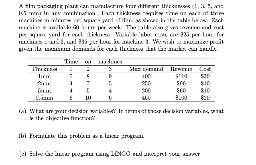A film packaging plant can manufacture four different thicknesses (1, 3, 5, and 0.5 mm) in any combination. Each thickness re